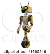 Poster, Art Print Of Droid Containing Dual Retro Camera Head And Cyborg Antenna Head And Light Chest Exoshielding And Ultralight Chest Exosuit And Unicycle Wheel Yellow Facing Right View