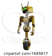 Droid Containing Dual Retro Camera Head And Cyborg Antenna Head And Light Chest Exoshielding And Ultralight Chest Exosuit And Unicycle Wheel Yellow Standing Looking Right Restful Pose