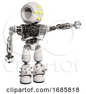 Poster, Art Print Of Cyborg Containing Round Head And Yellow Eyes Array And Heavy Upper Chest And No Chest Plating And Light Leg Exoshielding And Spike Foot Mod White Pointing Left Or Pushing A Button