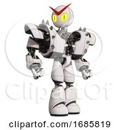 Droid Containing Grey Alien Style Head And Cats Eyes And Heavy Upper Chest And Heavy Mech Chest And Shoulder Spikes And Light Leg Exoshielding White Hero Pose