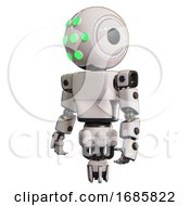 Poster, Art Print Of Bot Containing Round Head And Green Eyes Array And Light Chest Exoshielding And Prototype Exoplate Chest And Jet Propulsion White Standing Looking Right Restful Pose