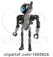 Poster, Art Print Of Robot Containing Digital Display Head And Large Eye And Winglets And Heavy Upper Chest And No Chest Plating And Ultralight Foot Exosuit Metal Standing Looking Right Restful Pose