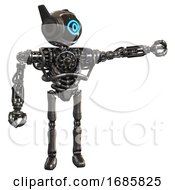 Poster, Art Print Of Robot Containing Digital Display Head And Large Eye And Winglets And Heavy Upper Chest And No Chest Plating And Ultralight Foot Exosuit Metal Pointing Left Or Pushing A Button