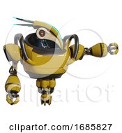 Poster, Art Print Of Mech Containing Bird Skull Head And Red Line Eyes And Head Shield Design And Heavy Upper Chest And Jet Propulsion Yellow Pointing Left Or Pushing A Button