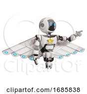 Poster, Art Print Of Automaton Containing Digital Display Head And Circle Eyes And Light Chest Exoshielding And Yellow Star And Cherub Wings Design And Jet Propulsion White Pointing Left Or Pushing A Button