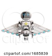 Poster, Art Print Of Automaton Containing Digital Display Head And Circle Eyes And Light Chest Exoshielding And Yellow Star And Cherub Wings Design And Jet Propulsion White Front View