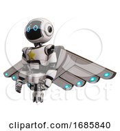 Automaton Containing Digital Display Head And Circle Eyes And Light Chest Exoshielding And Yellow Star And Cherub Wings Design And Jet Propulsion White Facing Right View