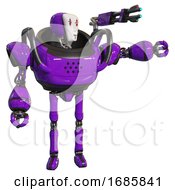 Poster, Art Print Of Robot Containing Humanoid Face Mask And Red Clown Marks And Heavy Upper Chest And Ultralight Foot Exosuit Purple Pointing Left Or Pushing A Button