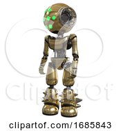 Poster, Art Print Of Mech Containing Round Head And Green Eyes Array And Light Chest Exoshielding And Ultralight Chest Exosuit And Light Leg Exoshielding And Spike Foot Mod Gold Standing Looking Right Restful Pose