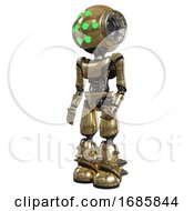 Poster, Art Print Of Mech Containing Round Head And Green Eyes Array And Light Chest Exoshielding And Ultralight Chest Exosuit And Light Leg Exoshielding And Spike Foot Mod Gold Facing Right View
