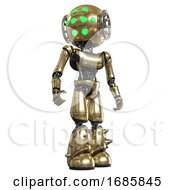 Poster, Art Print Of Mech Containing Round Head And Green Eyes Array And Light Chest Exoshielding And Ultralight Chest Exosuit And Light Leg Exoshielding And Spike Foot Mod Gold Hero Pose