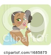 Poster, Art Print Of Cute Dark Skinned Brunette Woman Applying Lipstick