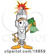 Spark Plug Mascot Cartoon Character Holding A Green Dollar Bill