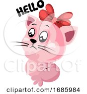 Poster, Art Print Of Baby Pink Kitty With Red Bow Saying Hello