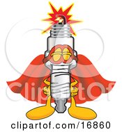 Clipart Picture Of A Spark Plug Mascot Cartoon Character Dressed As A Super Hero by Toons4Biz