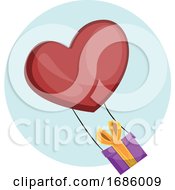 Poster, Art Print Of Purple Gift Box With Yellow Ribbon Tied On A Heart Shaped Red Balloon Vector Illustrtation In Light Blue Circle On White Background