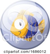 Poster, Art Print Of Cartoon Character Of A Blue And Yellow Fish Smiling In The Water Vector Illustration In Light Purple Circle On White Background