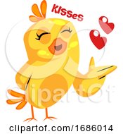 Poster, Art Print Of Cute Yellow Chicken Sending Hearts And Saying Kisses Vector Illustration On A White Background