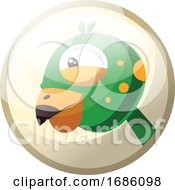 Poster, Art Print Of Cartoon Character Of A Green Bird Head With Yellow Dotts Vector Illustration In Grey Light Circle On White Background