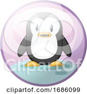 Poster, Art Print Of Cartoon Character Of Black And White Penguin Standing On Snow Vector Illustration In Light Violet Circle On White Background