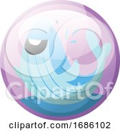 Poster, Art Print Of Cartoon Character Of A Happy Blue Whale In The Water Vector Illustration In Light Purple Circle On White Background