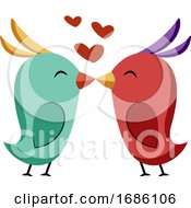 Poster, Art Print Of Blue And Red Bird Kissing Vector Sticker Illustration On A White Background