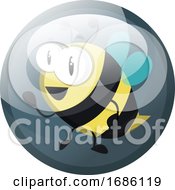 Poster, Art Print Of Cartoon Character Of A Bee Vector Illustration In Grey Blue Circle On White Background