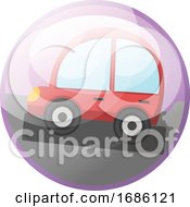 Poster, Art Print Of Cartoon Character Of A Red Car Driving On The Road Vector Illustration In Light Purple Circle On White Background