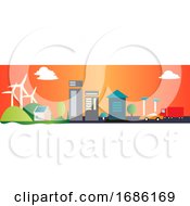 Poster, Art Print Of City Landscape With Windmills In The Background Illustration Vector On White Background