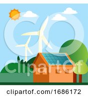 Poster, Art Print Of Illustration Of Windmill And Solar Panels On A House Illustration Vector On White Background