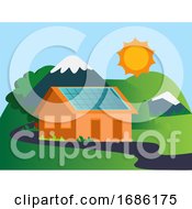 House In The Mountain With Solar Panels Illustration Vector On White Background