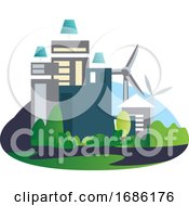 Buildings With Solar Panels And Windmills In The Background Illustration Vector On White Background