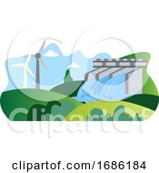 Illutration Of Windmill And Hydroelectric Energy As A Eco Sources Illustration Vector On White Background