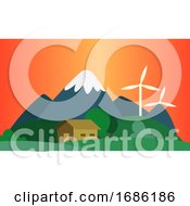 Poster, Art Print Of Sunset In The Mountains Where They Use Wind As A Resource Illustration Vector On White Background