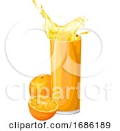 Poster, Art Print Of Vector Of Orange Fruit With Juice In Glass