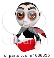 3d Funny Cartoon Dracula Vampire Character Reading A Book While Flying