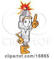 Spark Plug Mascot Cartoon Character Pointing Upwards