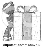 Sketch Ninja Warrior Man Gift Concept Leaning Against Large Present
