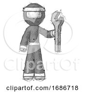 Poster, Art Print Of Sketch Ninja Warrior Man Holding Wrench Ready To Repair Or Work