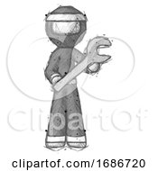 Poster, Art Print Of Sketch Ninja Warrior Man Holding Large Wrench With Both Hands