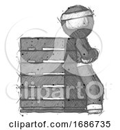 Poster, Art Print Of Sketch Ninja Warrior Man Resting Against Server Rack Viewed At Angle