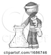 Poster, Art Print Of Sketch Ninja Warrior Man Holding Test Tube Beside Beaker Or Flask