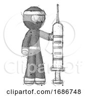 Poster, Art Print Of Sketch Ninja Warrior Man Holding Large Syringe