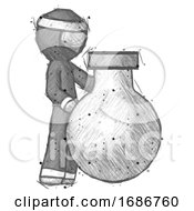 Poster, Art Print Of Sketch Ninja Warrior Man Standing Beside Large Round Flask Or Beaker