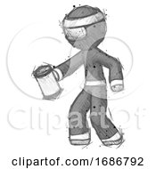 Poster, Art Print Of Sketch Ninja Warrior Man Begger Holding Can Begging Or Asking For Charity Facing Left