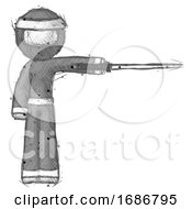 Poster, Art Print Of Sketch Ninja Warrior Man Standing With Ninja Sword Katana Pointing Right