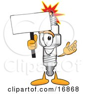 Clipart Picture Of A Spark Plug Mascot Cartoon Character Waving A Blank White Sign by Toons4Biz
