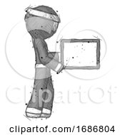 Poster, Art Print Of Sketch Ninja Warrior Man Show Tablet Device Computer To Viewer Blank Area