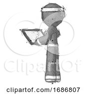 Poster, Art Print Of Sketch Ninja Warrior Man Looking At Tablet Device Computer With Back To Viewer