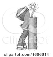 Poster, Art Print Of Sketch Ninja Warrior Man Leaning Against Dynimate Large Stick Ready To Blow